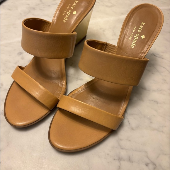 Leather Wedge Slide Sandals - Tan - Picture 2 of 3